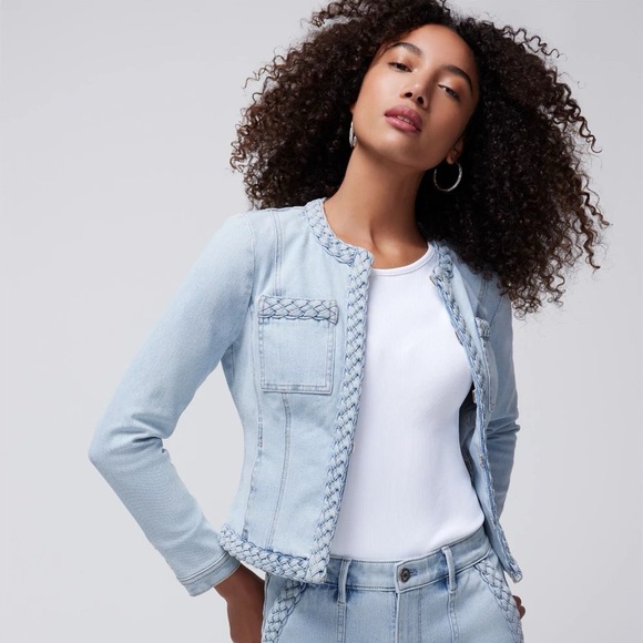 White House Black Market Blue Cropped Jean Jacket with Braided Trim